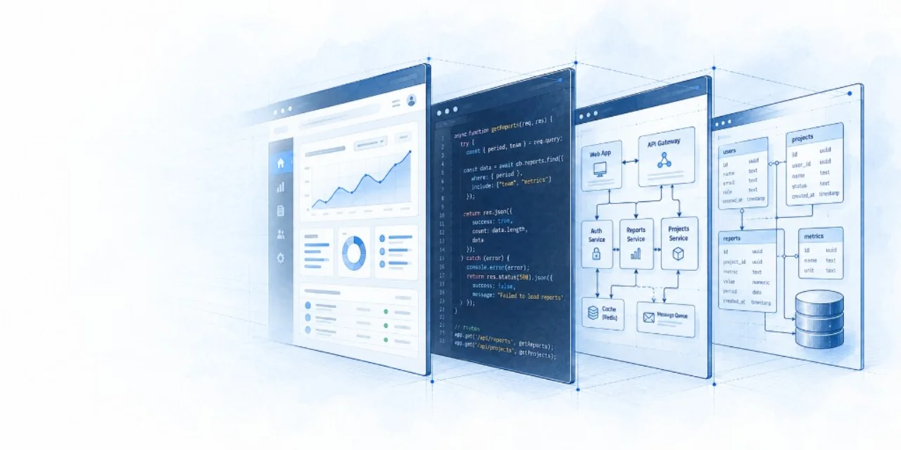 Four layered system views: application dashboard, application code, service architecture, and database schema