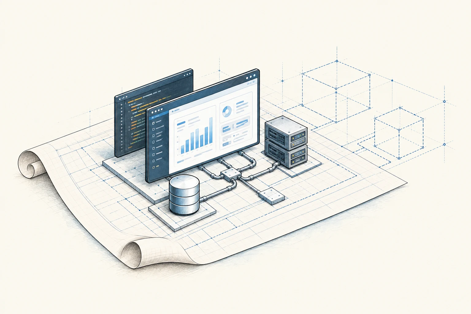 Applications, code, and infrastructure rising from an engineering blueprint, with outlined modules planned for future growth.