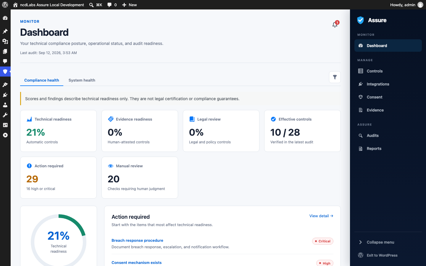 Assure privacy and security scan dashboard