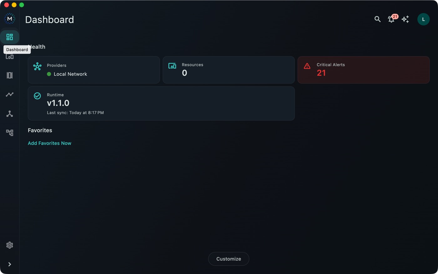 Meridian desktop dashboard showing connected home devices